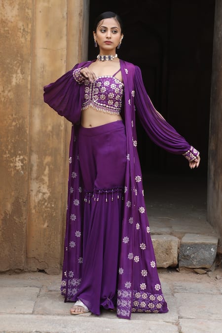 Buy_Nitisha Kashyap Official_Purple Georgette, Silk Beads, Mirrors Split Balloon Sleeve Cape Gharara Set _Online_at_Aza_Fashions
