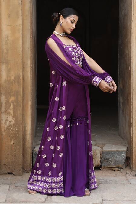 Shop_Nitisha Kashyap Official_Purple Georgette, Silk Beads, Mirrors Split Balloon Sleeve Cape Gharara Set _Online_at_Aza_Fashions