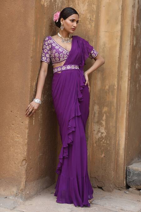 Nitisha Kashyap Official_Purple Georgette, Silk Beads, Mirrors, Zari, Embroidery Floral Ruffle Saree Set _Online_at_Aza_Fashions