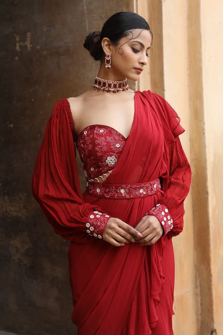 Buy_Nitisha Kashyap Official_Maroon Georgette, Silk Sequins, Beads, Cut Pre-draped Ruffle Saree Bustier Set _Online_at_Aza_Fashions