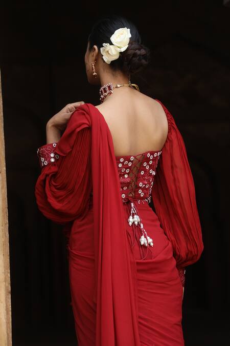 Shop_Nitisha Kashyap Official_Maroon Georgette, Silk Sequins, Beads, Cut Pre-draped Ruffle Saree Bustier Set _Online_at_Aza_Fashions