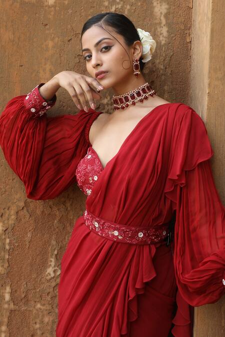 Nitisha Kashyap Official_Maroon Georgette, Silk Sequins, Beads, Cut Pre-draped Ruffle Saree Bustier Set _at_Aza_Fashions