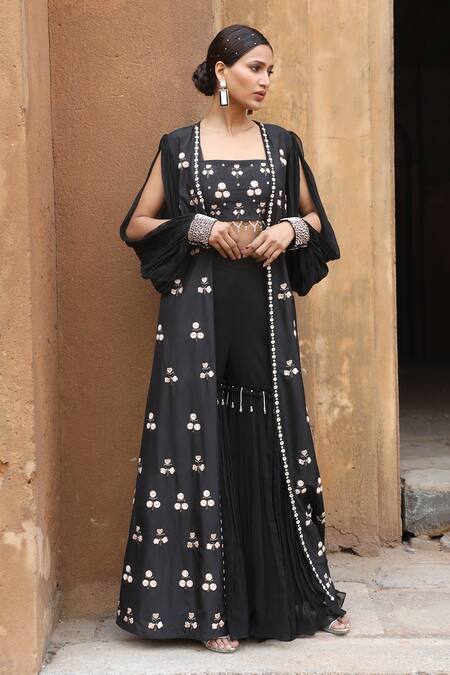 Buy_Nitisha Kashyap Official_Black Georgette, Silk Mirrors, Beads Square Floral Embroidered Cape Gharara Set _Online_at_Aza_Fashions