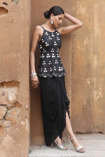 Nitisha Kashyap Official_Black Silk, Crepe Mirrors, Beads, Floral Peplum Kurta And Draped Skirt Set _Online_at_Aza_Fashions