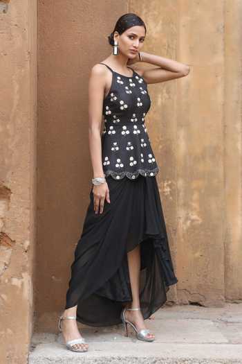 Buy_Nitisha Kashyap Official_Black Silk, Crepe Mirrors, Beads, Floral Peplum Kurta And Draped Skirt Set _Online_at_Aza_Fashions