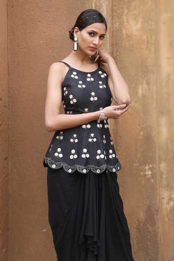 Shop_Nitisha Kashyap Official_Black Silk, Crepe Mirrors, Beads, Floral Peplum Kurta And Draped Skirt Set _Online_at_Aza_Fashions
