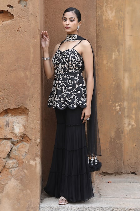 Nitisha Kashyap Official_Black Georgette, Net, Silk Mirrors, Embroidery, Floral Peplum Kurta Gharara Set _Online_at_Aza_Fashions
