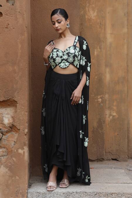 Nitisha Kashyap Official_Black Crepe, Georgette Sequins, Mirrors Floral Embroidered Cape Skirt Set _Online_at_Aza_Fashions
