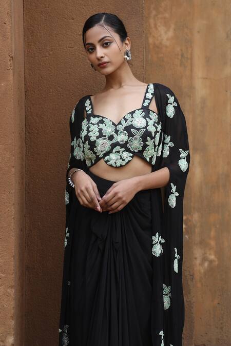 Buy_Nitisha Kashyap Official_Black Crepe, Georgette Sequins, Mirrors Floral Embroidered Cape Skirt Set _Online_at_Aza_Fashions