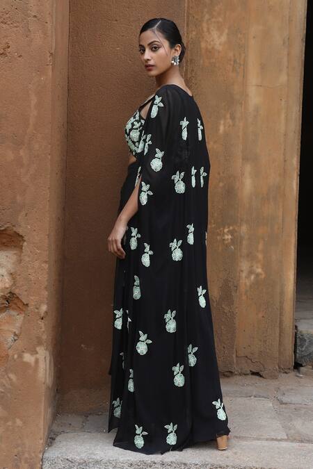 Shop_Nitisha Kashyap Official_Black Crepe, Georgette Sequins, Mirrors Floral Embroidered Cape Skirt Set _Online_at_Aza_Fashions
