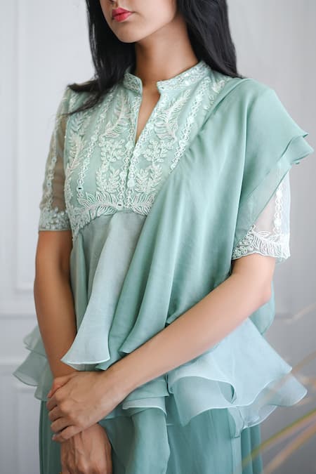 PIRI INDIA_Green Georgette, Organza, Ruffled And Pre-draped Saree With Embroidered Peplum _Online_at_Aza_Fashions