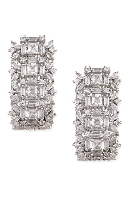 Auraa Trends_White Zari Rectangular Shape Stud Earrings_Online_at_Aza_Fashions
