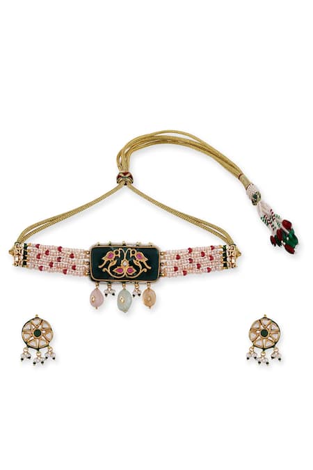 Auraa Trends_Green Stones, Pearls, Embroidery Multi-layered Beaded Choker Set _Online_at_Aza_Fashions