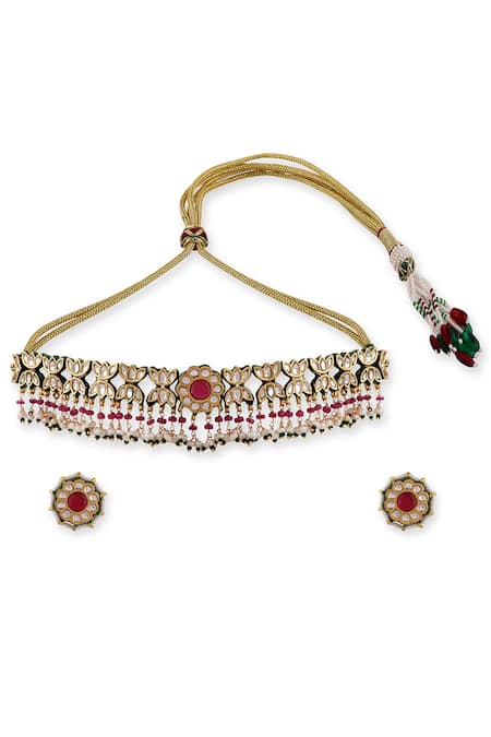 Auraa Trends_Red Diamonds, Pearls Kundan Studded Choker Set _at_Aza_Fashions