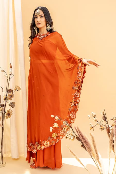 Shop Silky Bindra Orange Georgette, Shantoon Round Embroidered Cape And Palazzo Set at Aza Fashions Shop_Silky Bindra_Orange Georgette, Shantoon Round Embroidered Cape And Palazzo Set _at_Aza_Fashions