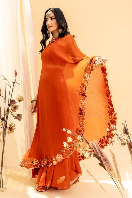 Silky Bindra Orange Georgette, Shantoon Round Embroidered Cape And Palazzo Set Online at Aza Fashions Silky Bindra_Orange Georgette, Shantoon Round Embroidered Cape And Palazzo Set _Online_at_Aza_Fashions