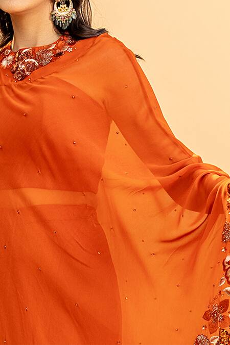 Silky Bindra Orange Georgette, Shantoon Round Embroidered Cape And Palazzo Set at Aza Fashions Silky Bindra_Orange Georgette, Shantoon Round Embroidered Cape And Palazzo Set _at_Aza_Fashions