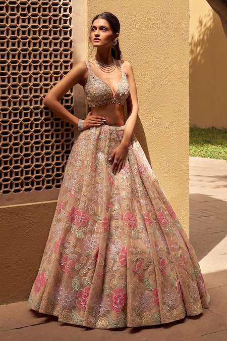 Shop Seema Gujral Beige Net V Neck Floral Applique Bridal Lehenga Set at Aza Fashions Shop_Seema Gujral_Beige Net V Neck Floral Applique Bridal Lehenga Set _at_Aza_Fashions