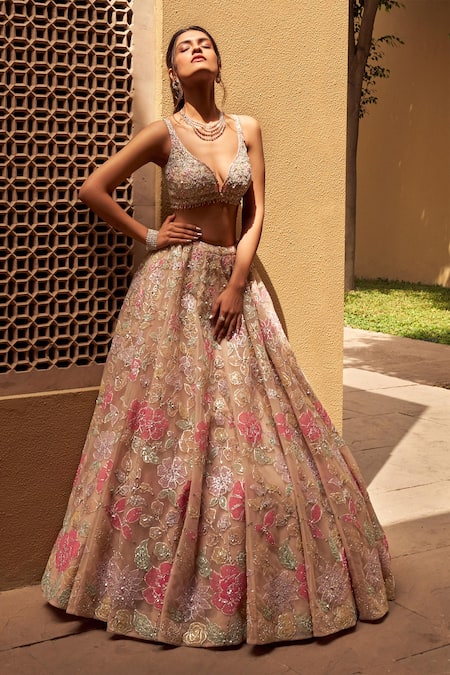 Seema Gujral Beige Net V Neck Floral Applique Bridal Lehenga Set Online at Aza Fashions Seema Gujral_Beige Net V Neck Floral Applique Bridal Lehenga Set _Online_at_Aza_Fashions