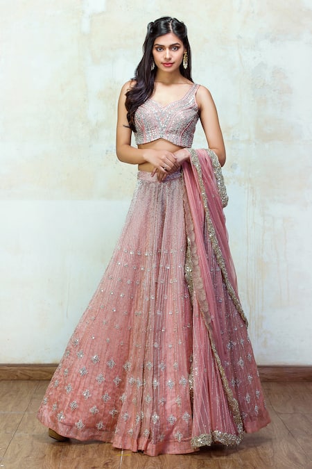 Izzumi Mehta Pink Lehenga And Blouse Organza Dupatta Net Leaf Neck Embellished Bridal Set 