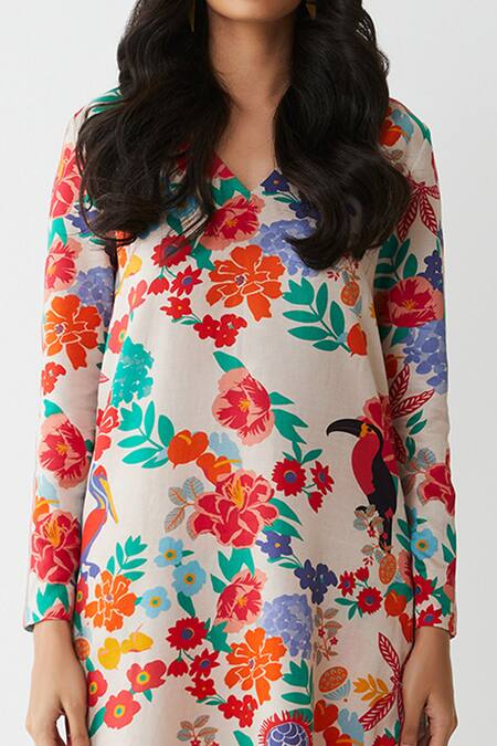 Shop_Kshitij Jalori_Multi Color Cotton Silk Satin V Neck Floral Print Kurta Set _Online_at_Aza_Fashions