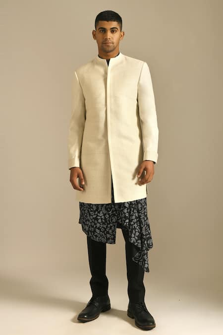 Dhruv Vaish White Silk Short Sherwani Online at Aza Fashions Dhruv Vaish_White Silk Short Sherwani _Online_at_Aza_Fashions