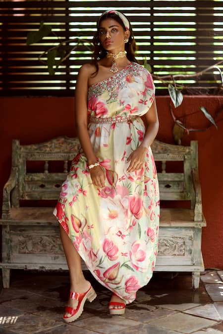 Gopi Vaid_Pink Cotton Silk Asymmetric One Shoulder Printed Dress _Online_at_Aza_Fashions