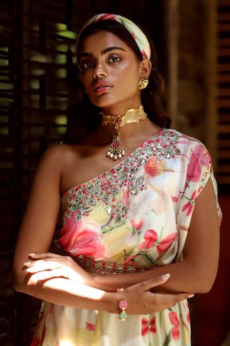 Buy_Gopi Vaid_Pink Cotton Silk Asymmetric One Shoulder Printed Dress _Online_at_Aza_Fashions