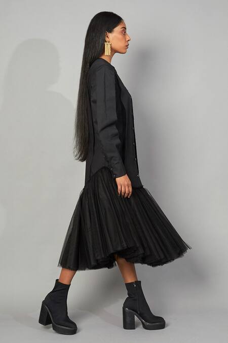 Quod_Black Cotton Tulle Shirt Dress_Online_at_Aza_Fashions