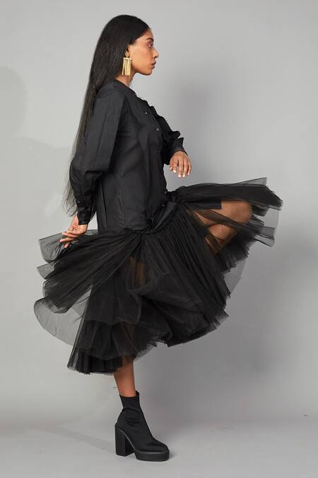 Buy_Quod_Black Cotton Tulle Shirt Dress_Online_at_Aza_Fashions