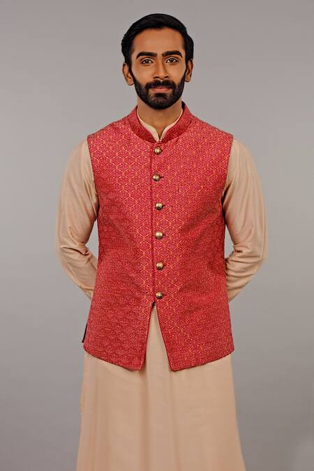 Vanshik Maroon Cotton Silk Embroidered Bundi And Kurta Set Online at Aza Fashions Vanshik_Maroon Cotton Silk Embroidered Bundi And Kurta Set _Online_at_Aza_Fashions