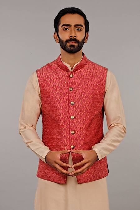 Buy Vanshik Maroon Cotton Silk Embroidered Bundi And Kurta Set Online at Aza Fashions Buy_Vanshik_Maroon Cotton Silk Embroidered Bundi And Kurta Set _Online_at_Aza_Fashions