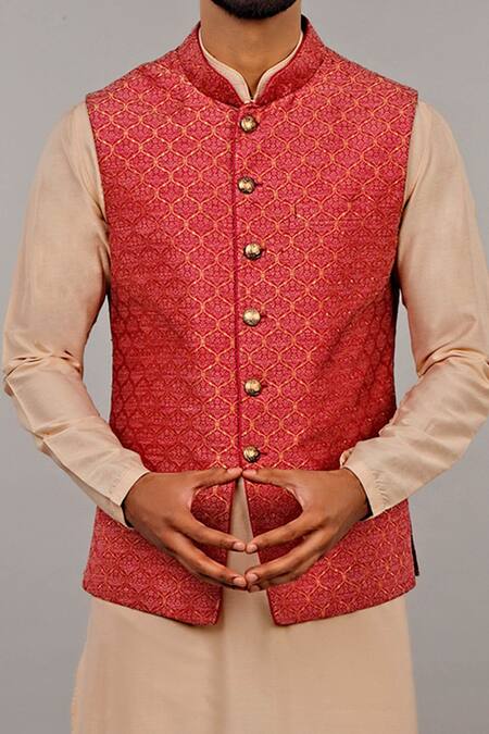 Shop Vanshik Maroon Cotton Silk Embroidered Bundi And Kurta Set Online at Aza Fashions Shop_Vanshik_Maroon Cotton Silk Embroidered Bundi And Kurta Set _Online_at_Aza_Fashions