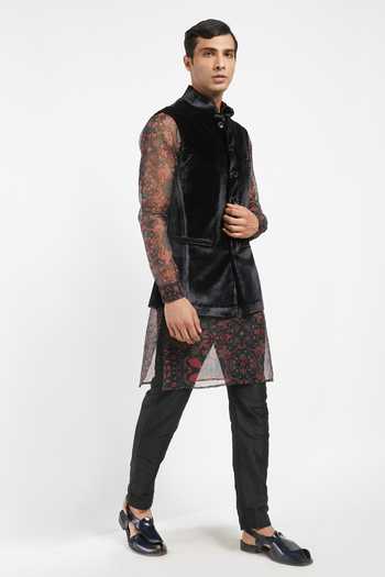 Rabani & Rakha_Black Kurta Organza Bundi Velvet Pant Cotton Silk And Set _Online_at_Aza_Fashions