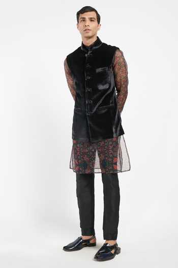 Buy_Rabani & Rakha_Black Kurta Organza Bundi Velvet Pant Cotton Silk And Set _Online_at_Aza_Fashions