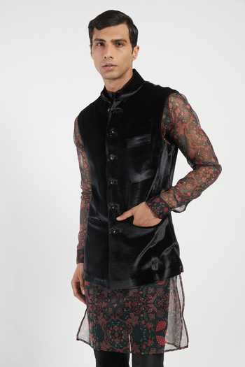 Shop_Rabani & Rakha_Black Kurta Organza Bundi Velvet Pant Cotton Silk And Set _Online_at_Aza_Fashions