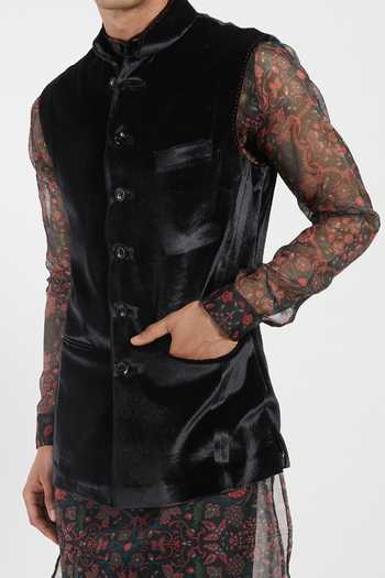 Rabani & Rakha_Black Kurta Organza Bundi Velvet Pant Cotton Silk And Set _at_Aza_Fashions