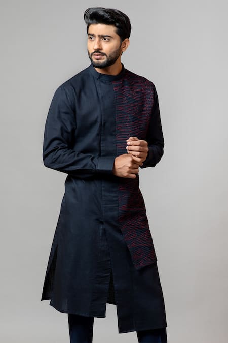 PAARSH Blue Kurta Linen Pajama Pant Malai Cotton Layered Set Online at Aza Fashions PAARSH_Blue Kurta Linen Pajama Pant Malai Cotton Layered Set _Online_at_Aza_Fashions