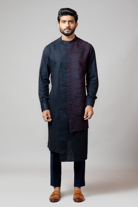 Buy PAARSH Blue Kurta Linen Pajama Pant Malai Cotton Layered Set Online at Aza Fashions Buy_PAARSH_Blue Kurta Linen Pajama Pant Malai Cotton Layered Set _Online_at_Aza_Fashions