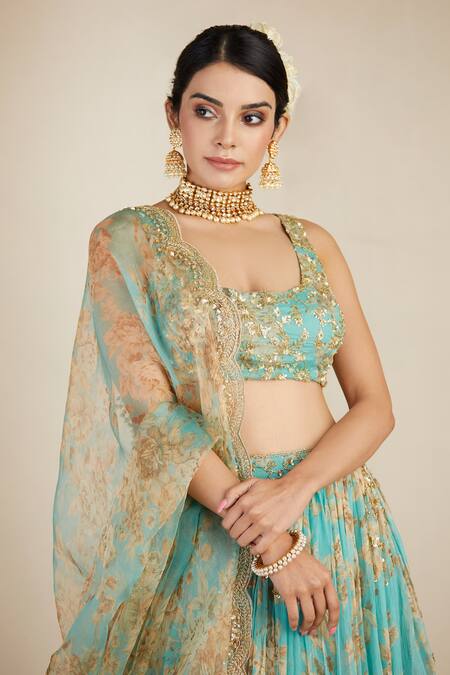 Shop_Astha Narang_Blue Organza, Crepe U Neck Printed Lehenga Set _Online_at_Aza_Fashions