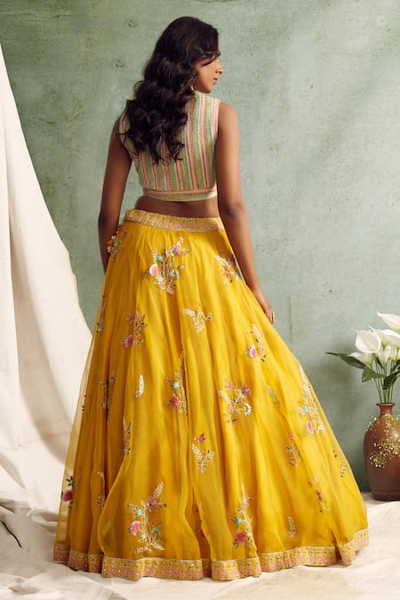 Shop Priyanka Jain Yellow Organza, Chanderi V Neck Embroidered Lehenga Set at Aza Fashions Shop_Priyanka Jain_Yellow Organza, Chanderi V Neck Embroidered Lehenga Set _at_Aza_Fashions