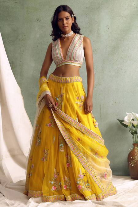 Priyanka Jain Yellow Organza, Chanderi V Neck Embroidered Lehenga Set Online at Aza Fashions Priyanka Jain_Yellow Organza, Chanderi V Neck Embroidered Lehenga Set _Online_at_Aza_Fashions