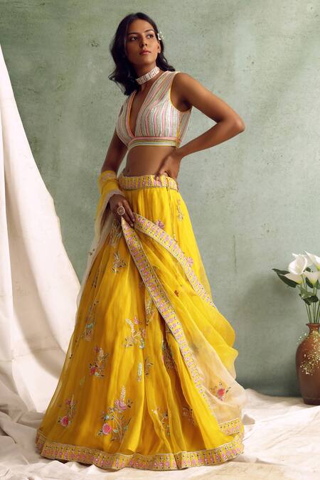 Buy Priyanka Jain Yellow Organza, Chanderi V Neck Embroidered Lehenga Set Online at Aza Fashions Buy_Priyanka Jain_Yellow Organza, Chanderi V Neck Embroidered Lehenga Set _Online_at_Aza_Fashions