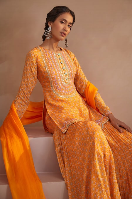 Aneesh Agarwaal_Yellow Chinon Chiffon Abstract Print, Mirror And Thread Round Kurta Sharara Set _Online_at_Aza_Fashions