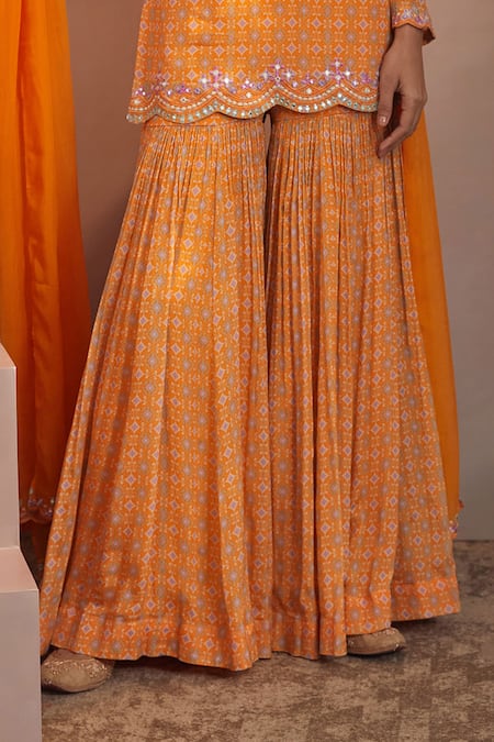 Buy_Aneesh Agarwaal_Yellow Chinon Chiffon Abstract Print, Mirror And Thread Round Kurta Sharara Set _Online_at_Aza_Fashions