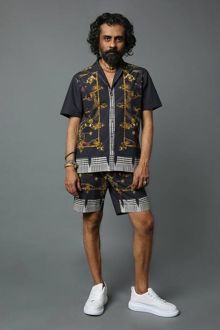 House Of Three_Black Cotton Poplin Jewel Dravida Print Shirt _Online_at_Aza_Fashions