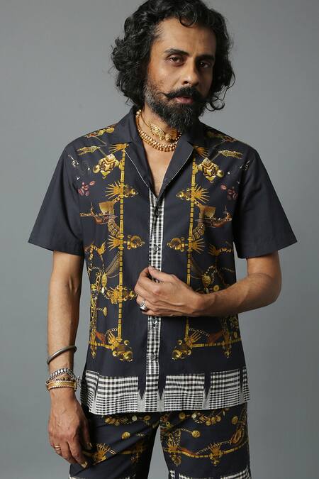 Buy_House Of Three_Black Cotton Poplin Jewel Dravida Print Shirt _Online_at_Aza_Fashions