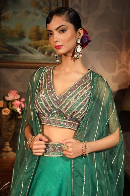 House Of Zyrra By Laxmishriali_Emerald Green Organza Digital Print, Beads Embroidery Ruffled Lehenga Set_Online_at_Aza_Fashions