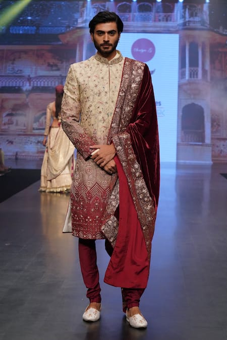 Soniya G Raw Silk Floral Embroidered Sherwani Set 