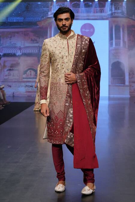 Soniya G_Wine Raw Silk, Velvet Floral Embroidered Sherwani Set _Online_at_Aza_Fashions